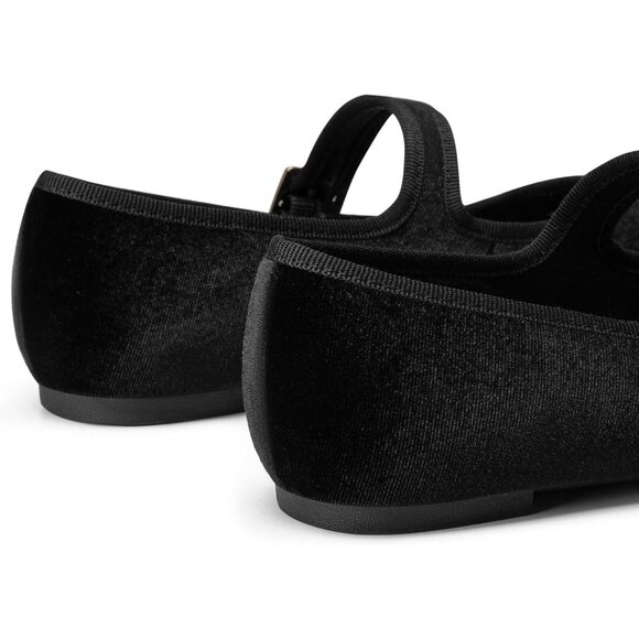 Trary Women's Black Velvet Square Toe Buckle Strap Ballet Mary Jane Shoes - Picture 3 of 6